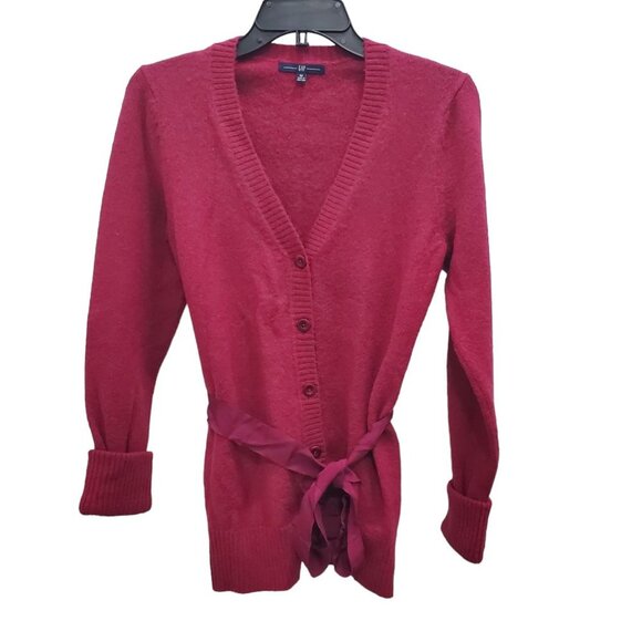 GAP Women's Y2K Magenta Maroon Wool Blend Boucle Tie Waist Cardigan Size M - Picture 1 of 5
